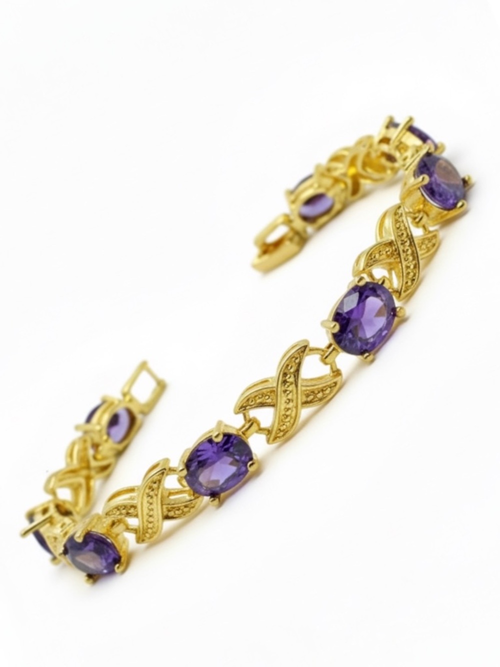 Vintage Gold Tone Purple Amethyst Style Faceted Stone Link Bracelet